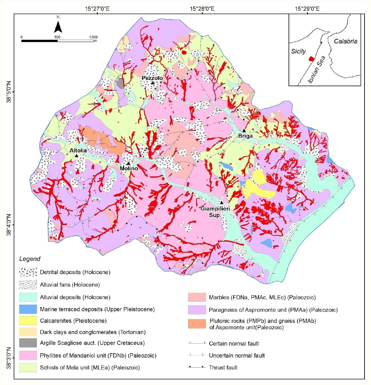 Figura 5: mappa geologica e geomorfologica dei bacini di Giampilieri e Briga